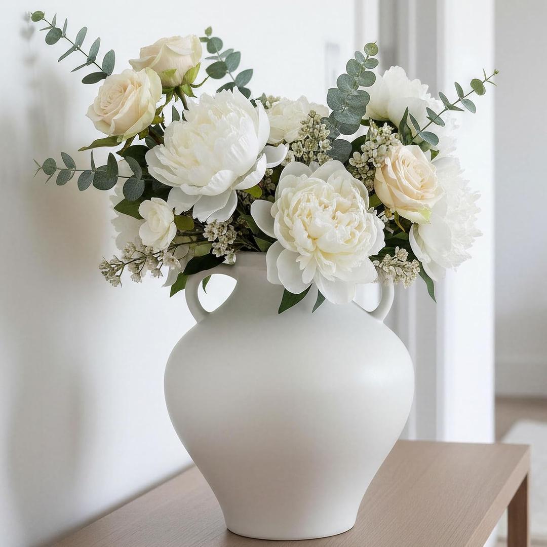 hjn Matte White Ceramic Vase, Nordic Farmhouse Jug Vase for Dried Pampas Grass & Fresh Flowers, Minimalist Boho Home Decor for Living Room Mantel Shelf Entryway-(Urn-Shaped-8''dx9''h)