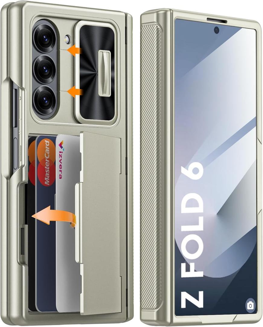 Vizvera for Samsung Galaxy Z Fold 6 Case RFID Wallet with Cards Holder [Hinge Cover] [Camera Cover] Shockproof Silicone Protective Phone Case for Z Fold 6 2024-Natural Titanium