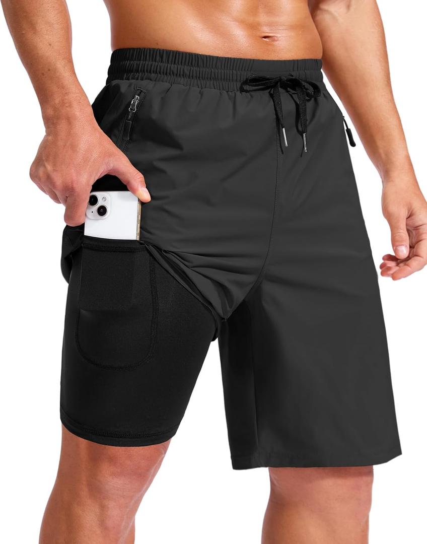 G Gradual Mens Swim Trunks with Compression Liner 7"/9'' Quick Dry Board Shorts Swimsuit Bathing Suit for Men Zipper Pockets (Black, XXXL)