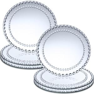 Suclain 6 Pcs Mirrored Glass Charger Plates 13 Inch Silver Mirror Plates Round Chargers for Dinner with Diamond Rim Settings for Wedding Birthday Party Events (Round Diamond Rim), 13 inches/ 33 cm