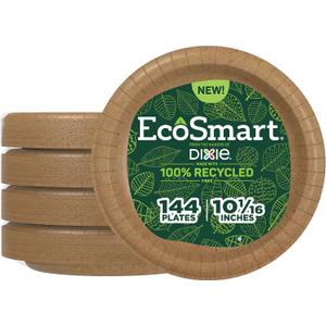 Dixie EcoSmart 100% Recycled Fiber Paper Plates, 10 in, 144 Count (Pack of 4), Large Disposable Plate Great for Breakfast, Lunch, and Dinner Meals