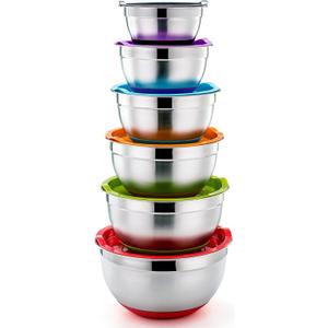 P&P CHEF Mixing Bowls With Lids, Set of 6, Stainless Steel Nesting Mixing Bowls & Fitting Lids & Non-Slip Silicone Bottom, Ideal for Mixing, Storing, Size 0.7/1/1.5/2.5/3/4.6 Qt, Multicolor