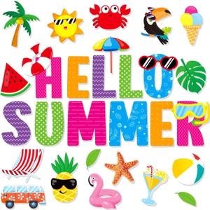 Hello Summer Cutouts 72 Pack Pool Beach Hawaiian Theme Cut Outs Summertime Bulletin Board Decoration Watermelon Spring Summer Tropical Office Decorations Palm School Teacher Supplies for Classroom
