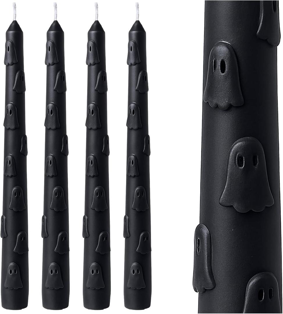 Nuanchu 4 Pcs Halloweens 3D Ghost Pattern Taper Candles 10 Inch Dark Black Long Tapered Candlesticks Candles Unscented, Smokeless, Dripless for Party Home Decor