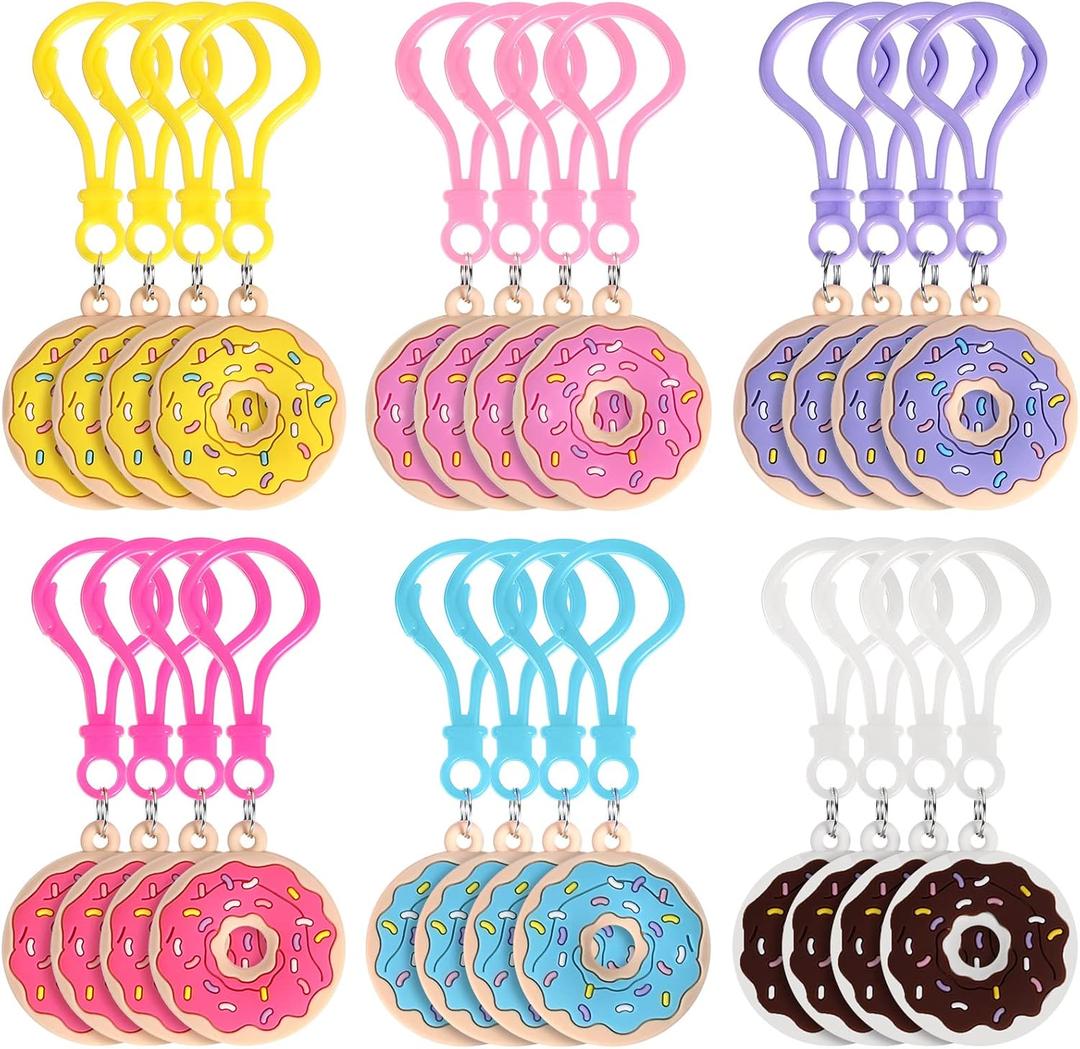 Jadive 24 Pcs Donut Keychain Party Favors for Kids Bulk Valentines Sweet Doughnut Theme Birthday Party Decorations Supplies Pendant Ornament for Boy Girl Gift Reward Goodie Bag Fillers, 6 Colors