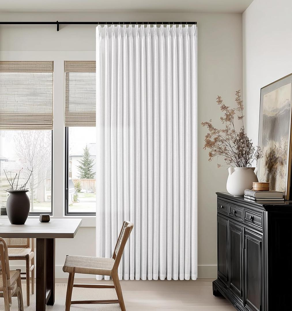 White 90 Inch Pinch Pleated Linen Curtains for Living Room Bedroom Dining Boho Country Light Filtering Pinch Pleat Drapes with Hooks Rings Back Tab Semi Sheer Window Curtains 2 Panels Set 50x90