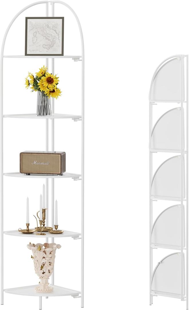 Crofy Foldable 5 Tier Corner Shelf, Metal Corner Plant Stand with White Frame and White Shelves, Corner Display Rack Multipurpose Shelving Unit for Living Room, Bedroom, Bathroom (White Frame & White Shelf)