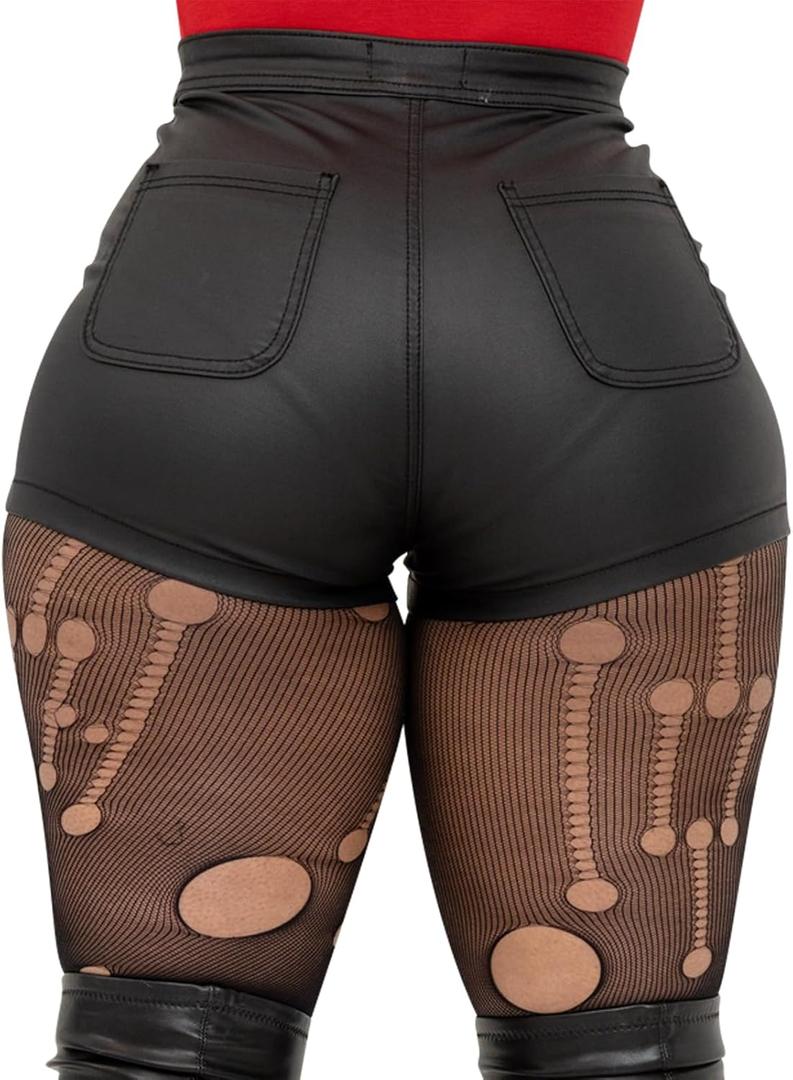 Womens Casual Faux Leather Shorts (Black, L)