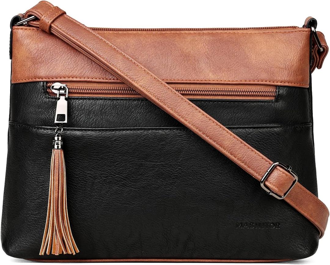 MASINTOR Crossbody Bags for Women, Lightweight Medium Crossbody Purse, Soft Leather Women's Shoulder Handbags with Tassel | Lightweight, Medium, Soft Leather, Women's, with Tassel, Lightweight (Black Brown)