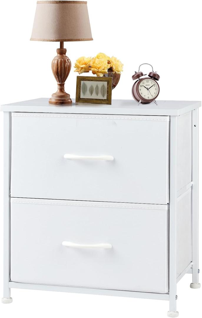 Sweetcrispy Nightstand with 2 Storage Drawers, 20" Height Small Bed Side Furniture End Table, Wooden Top Fabric Cabinet Kids Night Stand Mini Dresser for Bedroom, Closet, Entryway, Dorm, White
