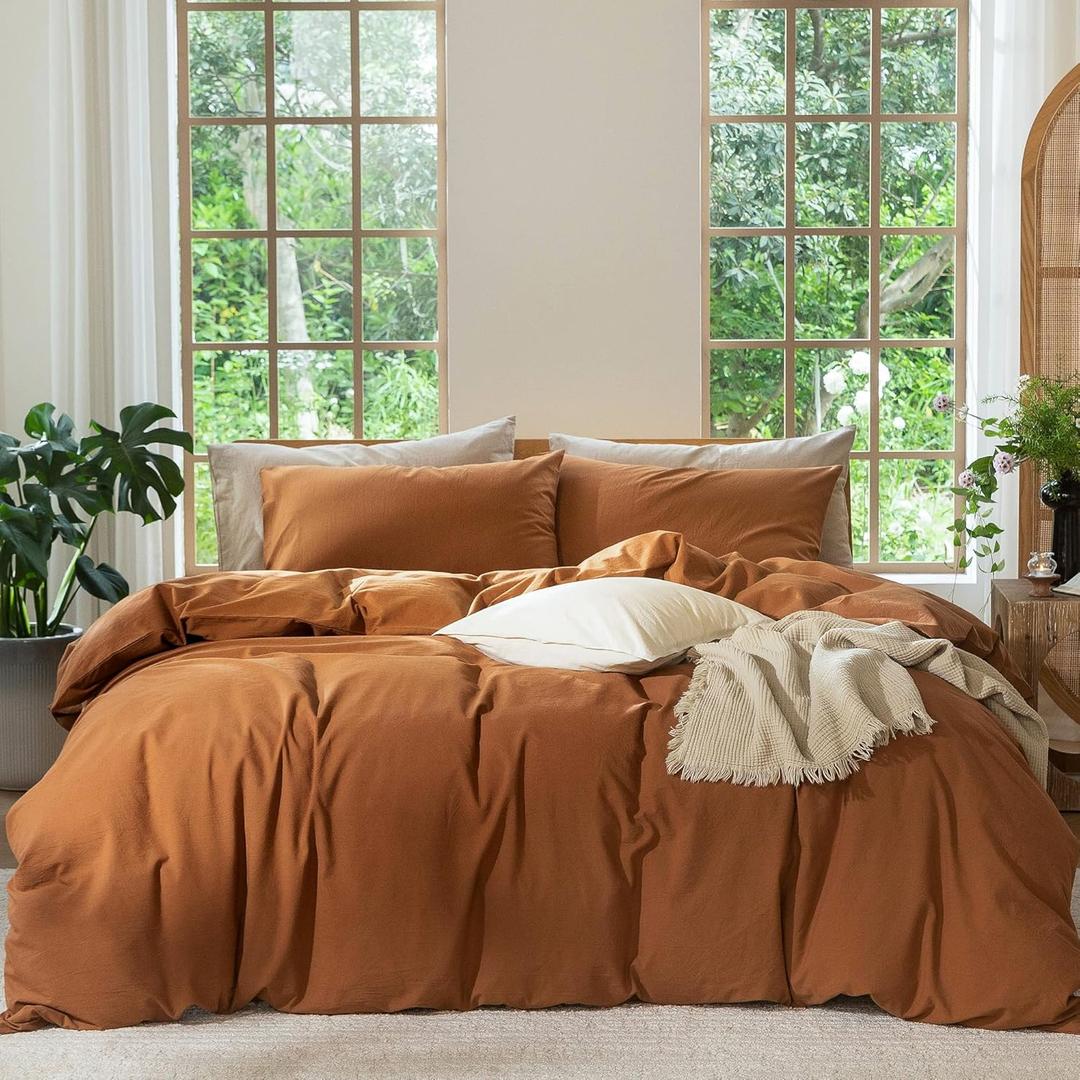 MooMee Bedding Duvet Cover Set 100% Washed Cotton Linen Like Textured Breathable Durable Soft Comfy (Solid Dark Orange, Queen 90"x90")