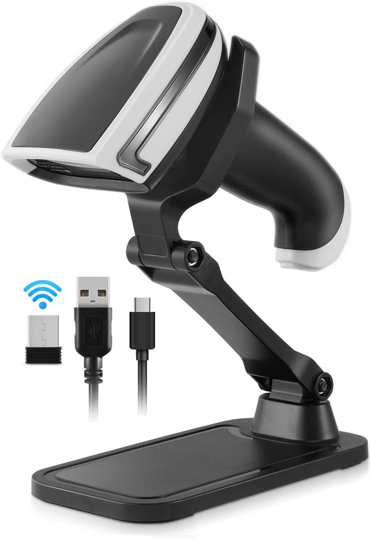 1D 2D Barcode Scanner, Handheld Barcode Reader Bluetooth Wireless QR Code Scanner Bar Code Scanners with Stand 3-1 Bluetooth & 2.4G Wireless & USB Wired Connection &PDF417 Data Matrix Automatic