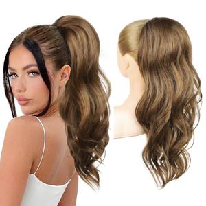 REECHO Ponytail Extension, Drawstring Ponytail Extension Long Wavy Layered Pony Tails Hair Extensions 22inch Natural Fake Ponytail Clip in Synthetic Hairpiece for Women, Chocolate Brown