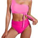 Pink Queen Women's One Shoulder High Waisted Bikini Set Two Piece Tie Ruched Swimsuit S