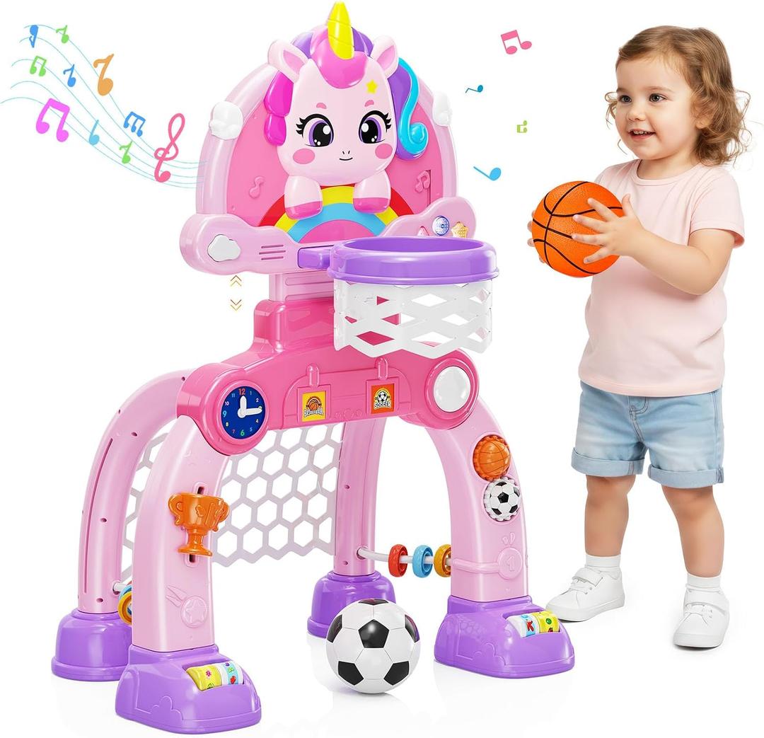 Nasominako Unicorn Toddler Basketball Hoop & Soccer Goal with Light & Music, 2-in-1 Sports Toy for 1-3 Year Old Boys & Girls, Toys for 1+ Year Old Girls, Birthday for Baby Kids