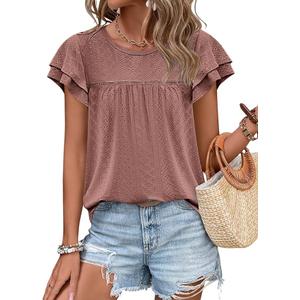 Zwurew Womens Summer Tops Crewneck Eyelet Ruffle Sleeve Blouses Casual Babydoll Shirts 2025 Small