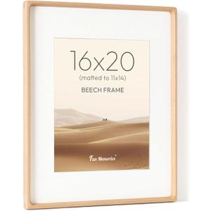 16 x 20 Picture Frame, USA-Sourced Beech Wood Photo Frames with HD Tempered Glass, Handcrafted Rounded Corner 16x20 Wooden Frames Matted to 11x14 Photos, Horizontal or Vertical Wall Display, Beech