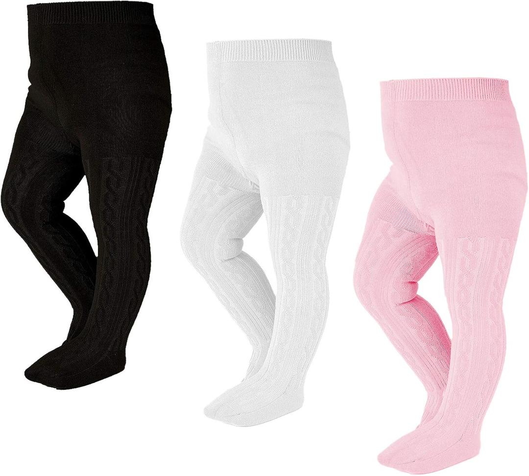 EPEIUS Baby Tights Toddler & Little Girls Cable Knit Tights Solid Cotton Stockings Seamless Footed Leggings Pantyhose Baby Clothes Dress Tights 6-8 Years, 3 Pack, Black/ White/ Pink