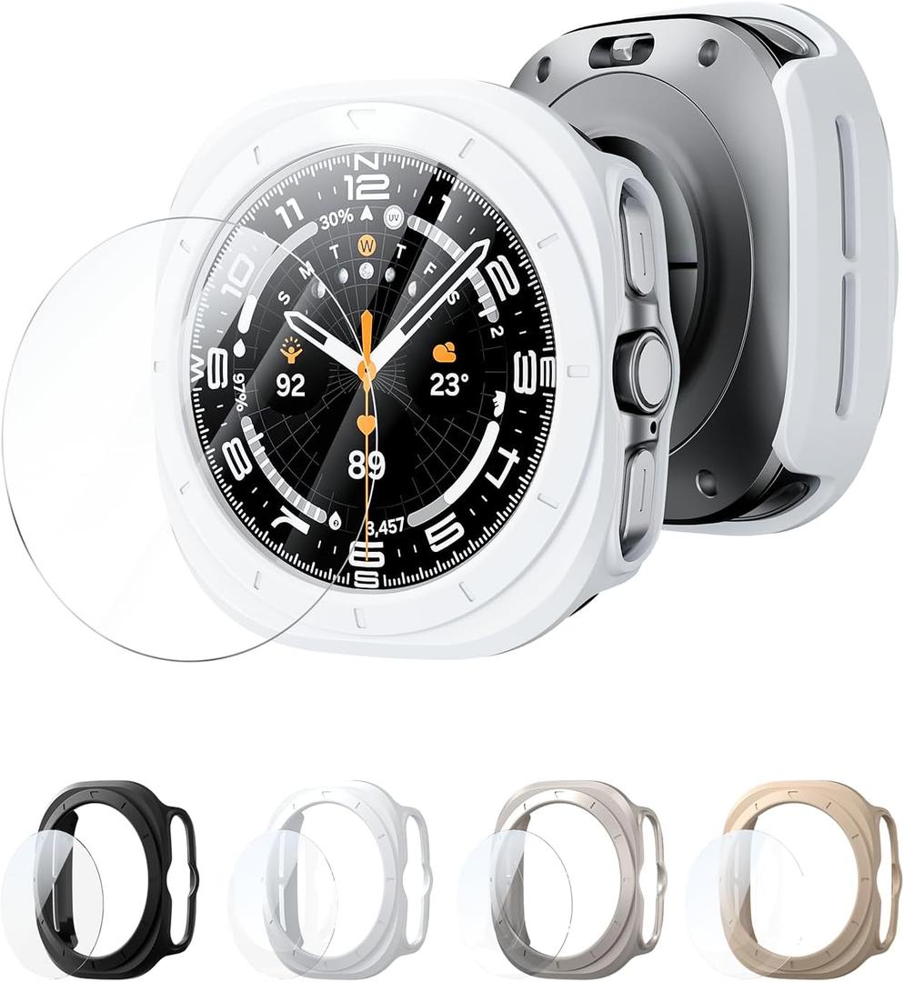 4-Pack PC Case & Glass for Samsung Galaxy Watch 7 Ultra 47mm | Hard PC Edge Frame Bumper & HD Screen Protectors, Anti-Scratch Full Edge Protection