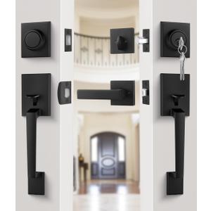 Goldenwarm Double Front Door Lock Set, Black Double Door Handle Set, Matte Black Double Door Handle with Dummy, Modern Double Front Door Hardware Set with Reversible Handle Lever. black matte