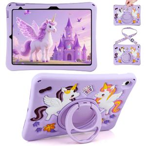 HianDier for iPad A16 Case 11th 2025 iPad 10th Generation Case for Kids Cute Unicorn Silicone Tablet Cover with Detachable Strap and Rotatable Stand Shockproof Cover for iPad 11inch 10.9inch-Purple