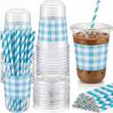 50 Set 16 oz Blue U-gingham Gingham Cups Plastic Party Checkered Cups Blue Plaid Drinking Cup Disposable Gingham Cup with Lids and Paper Straws for Baby Shower Check Wedding Birthday Party