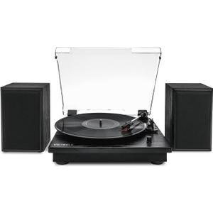 Victrola Montauk Vinyl Record Player, 3-Speed Belt Driven Turntable with Stereo Bluetooth Speaker Pair, RCA Output & 3.5mm Headphone Jack, Removable Dust Cover, Black Wood Finish