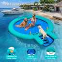 CALOBANA 10FT Water Hammock with Ramp, Inflatable Round Floating Ring with Ladder for Adults Pets, Heavy Duty Floating Dock with Dog Ramp Cup Holder Tanning Raft for Lake, River, or Boat Party