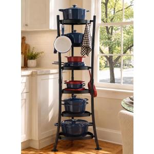 KES 264 Lbs Capacity Freestanding Pot Rack, 6-Tier Cast Iron Cookware Stand with 6 Hooks, Pots and Pans Storage Tower for Kitchen Corner, Stable Base, Anti-tip Strap & Floor Protectors, Black