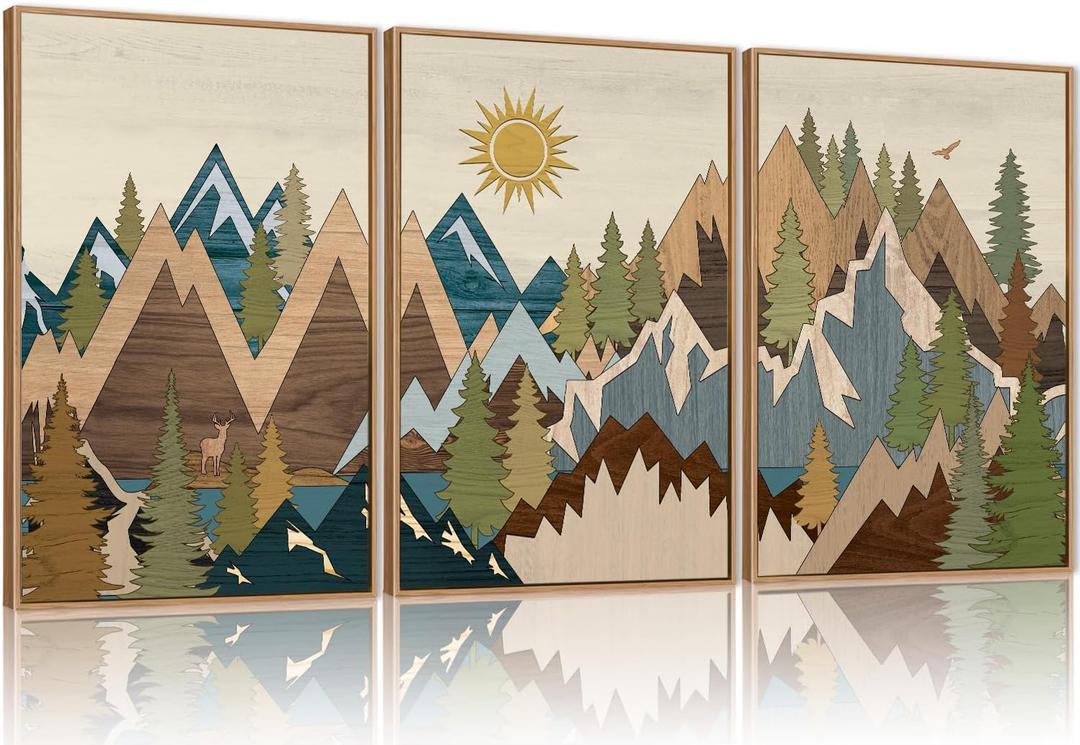 FWIEXA Large Mountain Woodcut Style Canvas Wall Art Set of 3, Sunrise Pine Tree Wall Decor, Forest Animal Painting, Farmhouse Nature Landscape Art, 24x36In Rustic Artwork for Living Room, Bedroom