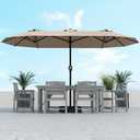 Kingdura 13ft Large Patio Umbrella with Solar Lights, Double-Sided Rectangle Outdoor Table Umbrella with Base Included, 12 Reinforced Ribs, 48 Led Lights, Crank Lift for Market Pool Deck, Beige