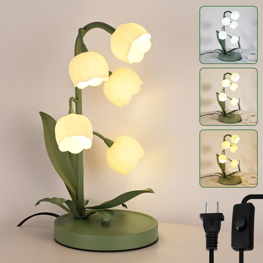 Flower Table Lamp for Bedroom,3 Colors Flower Reading Light with 5 Lily of The Valley, Cute Desk Lamp Bedside Lamps for Nightstands Home Decor,Soft Reading Night Light for Bedroom Living Room Office