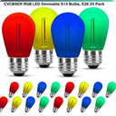 S14 Colored LED String Light Bulbs Replacement 25 Pack, 1W Multi-Color Edison Bulb E26 Medium Base Plastic Shatterproof for Home Outdoor Decor