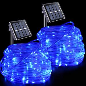 YEGUO Solar Rope Lights Outdoor Waterproof, 2 Packs Each 33ft 100 LED String Lights, 8 Modes Fairy Lights in Clear Thin Tube for Camping Fence Patio Garden Trampoline Deck(Blue)