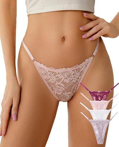 Murimia Thongs for Womens Sexy Lace No Show Underwear Breathable T-Back G String Thongs Panties 4 Pack Size L