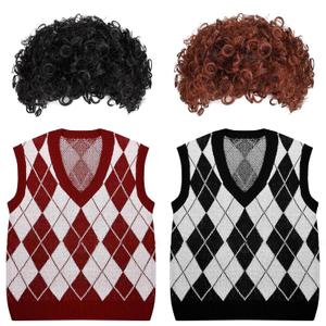4 Pcs Halloween Costume Set Include Afro Fluffy Wigs and Knit Vests for Men Women Party Dress Up
