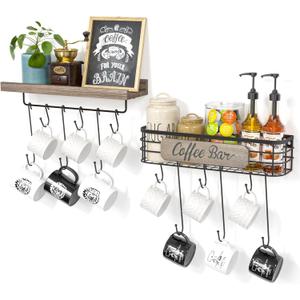 Coffee Mug Holder Organizer 1 Pack with 12 Mug Hooks Mug Rack Wall Mounted with Coffee Bar Sign Farmhouse Coffee Accessories and Organizer with Metal Basket Floating Shelves for Wall Weathered Walnut
