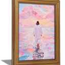 Vintage Gold Framed Jesus Wall Art Pink Jesus Walking on Water Canvas Prints Modern Christian Spiritual Picture Divine Light Religious Beliefs Oil Painting Poster Artwork for Living Room Church 11''Lx9''W