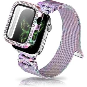Magnetic Band for Women Compatible with Apple Watch Band 38mm 40mm 41mm 42mm 44mm 45mm 46mm Milanese Stainless Steel Loop with Bling Protective Case, Dressy Metal Strap Replacement iWatch Band (Rainbow)