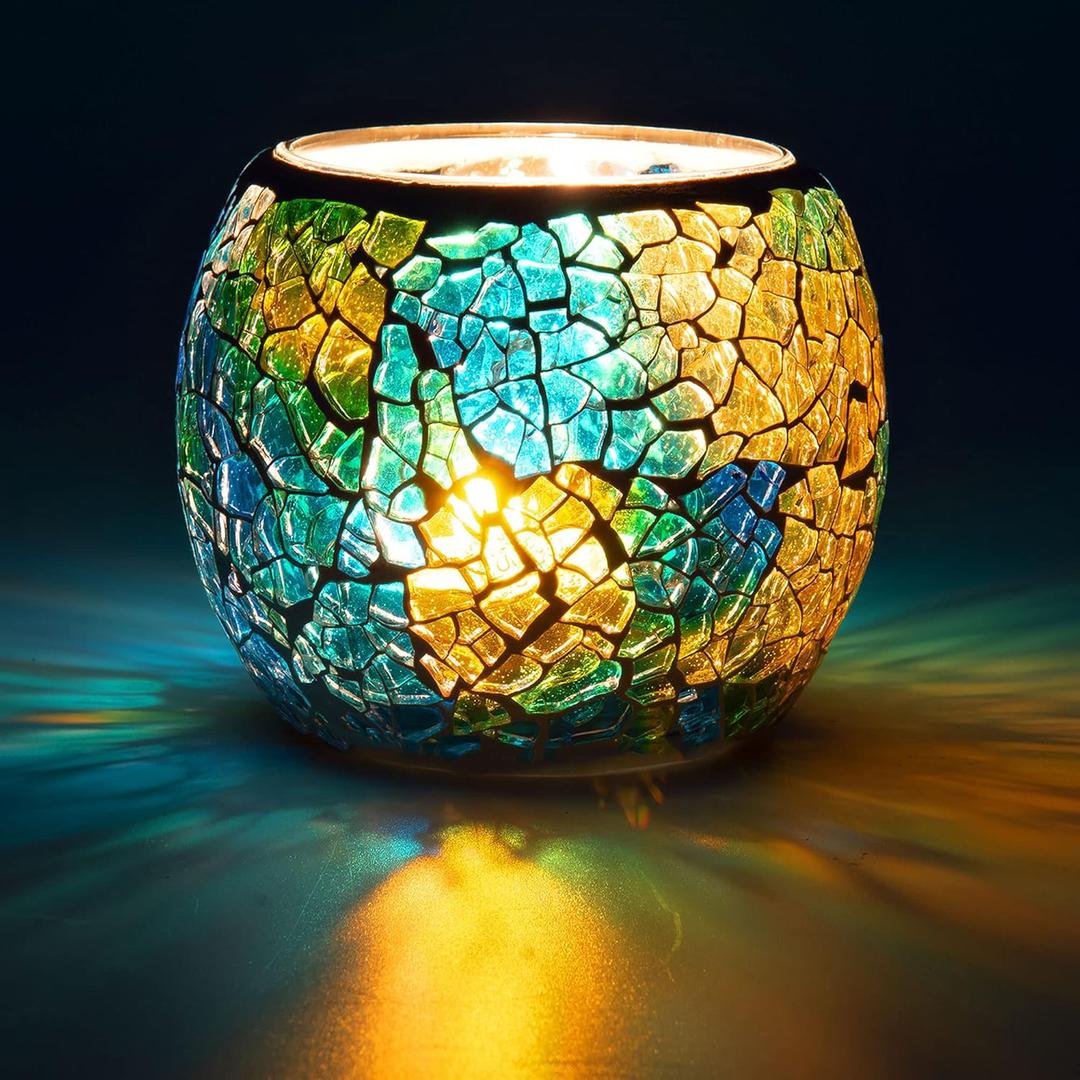 Rancco Glass Votive Candle Holder for Tealight, Romantic Mosaic Cracked Candle Holder, Candle Lamp Aromatherapy Candlescape Bowl for Valentine's Thanksgiving, Christmas Table Centerpiece, Party Decor