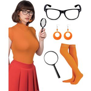 Velma Costume Accessories Set for Women  Halloween Cosplay Kit with Black Glasses, Orange Earrings, Knee High Socks, Magnifying Glass