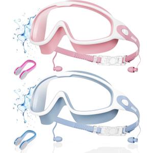 Aegend New Adult Wide View Swim Goggles, Anti-Fog/UV No Leak Swimming Goggles with Ear Plugs for Men & Women (Clear Blue & Clear Pink)