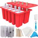 Miaowoof Homemade Popsicle Molds, 10-Cav Non-BPA Silicone Ice Pop Maker, with 50 Sticks, 50 Bags, 10 Reusable Sticks, Funnel, Brush and Ice Pop Recipe (Red)