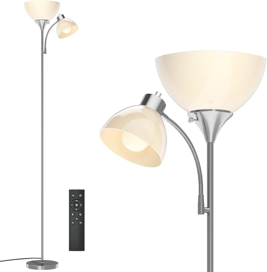 GERGO Floor Lamp, Remote Control with 4 Color Temperatures, LED Torchiere Floor Lamp with Adjustable Reading Lamp for Bedroom, Standing Lamps for Living Room, Bulb Included (Brushed Nickel)