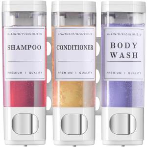 Shower Soap Dispenser Wall Mounted No Drill Shampoo Dispenser for Shower Wall Shampoo and Conditioner Dispenser Bathroom Hotel 3 * 300ml White with Labels