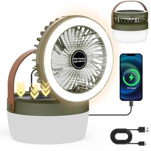 EJYTRVT Solar Camping Fan with LED Light – Rechargeable Portable Fan with 3 Speeds, 4 Lighting Modes, USB & Solar Powered, Foldable & Hanging Tent Fan for Camping, Travel, Beach, RV, Camper