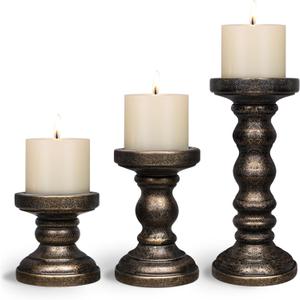 Candle Holder for Pillar Candle Set of 3, Farmhouse Wood Candle Holder, Rustic Wooden Candle Stand, Vintage Tall Candle Stand Decorative for Living Room, Table Centerpiece, Black Gold