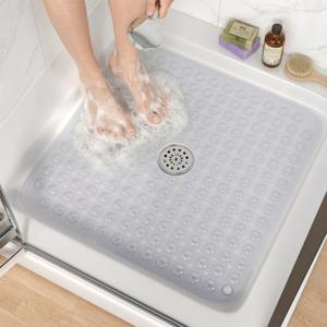 HITSLAM Shower Bathtub Mat Non Slip, 24"x 24" Bath Mat for Tub, Soft PVC Shower Mats for Inside Shower with Suction Cups and Center Drain Hole, Machine Washable Bathroom Floor Mat, Clear
