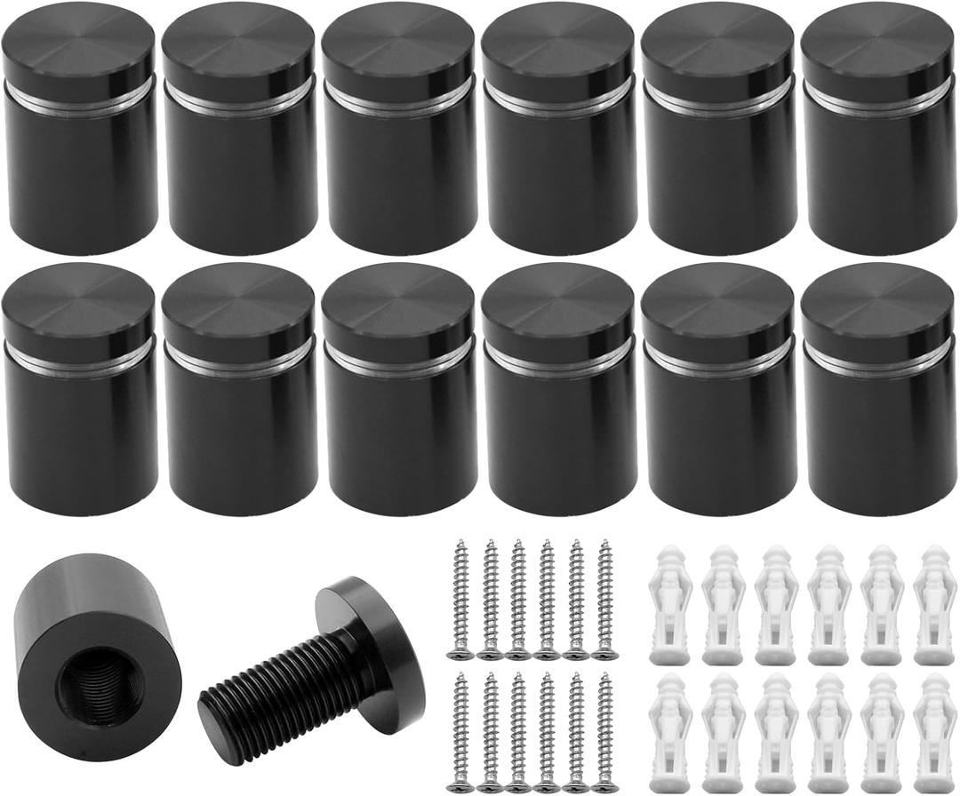 3/4 inch x 3/4 inch Solid Aluminum sign standoffs advertising screws wall mounts support fixings bolts for picture frame billboard glass posters acrylic signs display 12PCS (Black anodized)