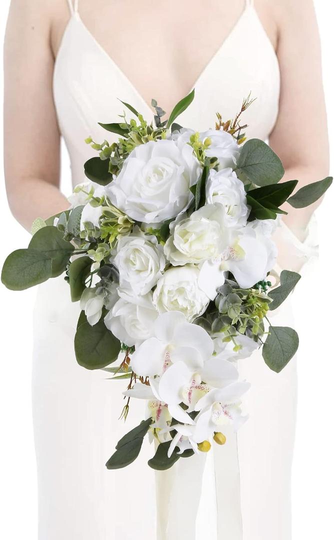  Bridal Bouquet, White Artificial Wedding Bouquets for Bride Bridal Bouquet Bridesmaid Bouquet Tossing Bouquet for Wedding Ceremony and Anniversary(White)